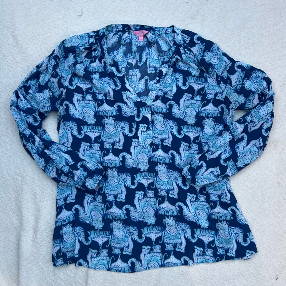 Lilly Pulitzer Blue Elephant Print Rayon Tunic Top